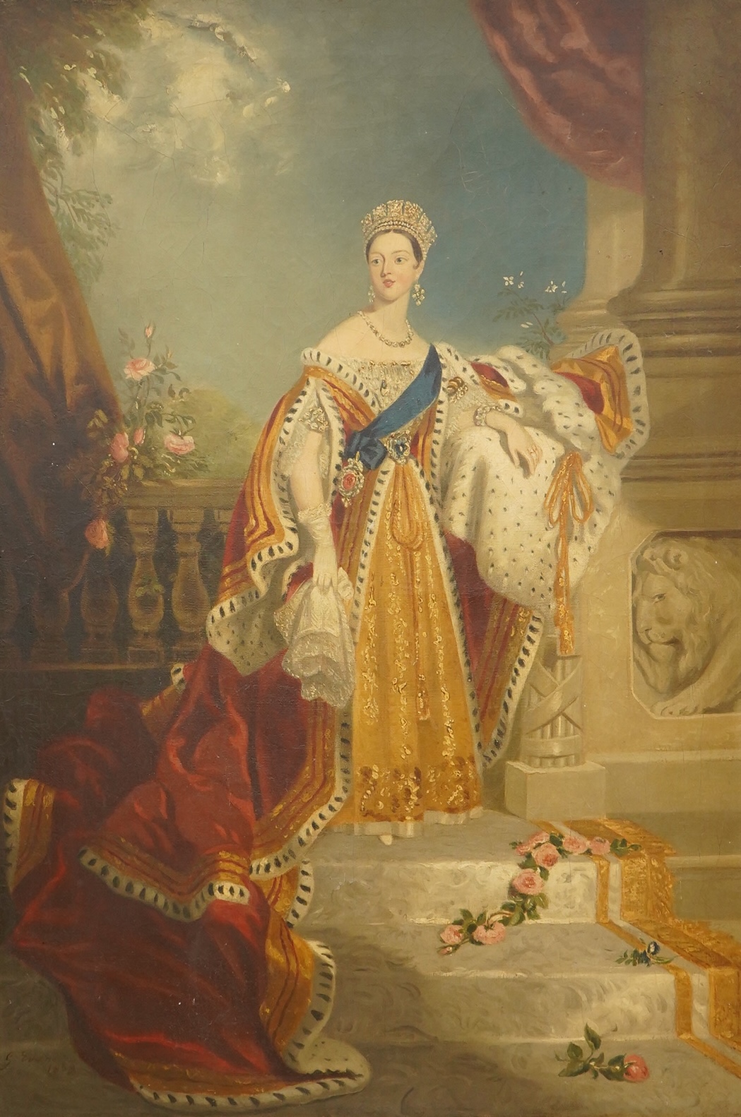 G. Evans (19th. C), Portrait of Queen Victoria wearing ermine before a landscape, signed and dated 1859, 77 x 52cm, applied plaque to the gilt frame, oil on canvas